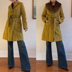 Vintage 90s Yellow Mustard Longline Floral Coat with Removable Faux Fur Collar
